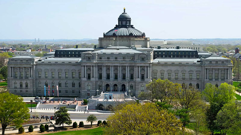 Facade of the U.S. Library of Congress's Thomas Jefferson Building, in Washington, D.C., designed by the architectural firm of Smithmeyer and Pelz and completed in 1897.