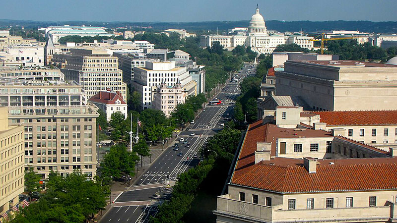 View from the Old Post Office tower down Pennsylvania Avenue NW in Washington DC, facing southwest towards the Capitol.